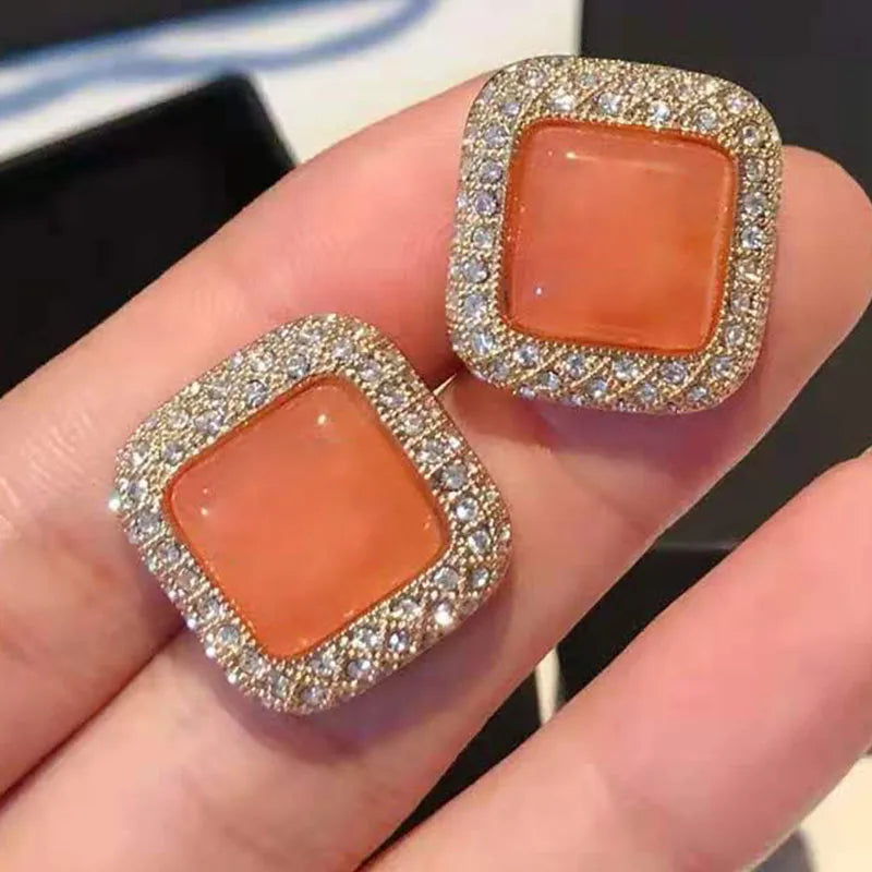 Pink Square Stainless Steel Mini Earrings With Stone