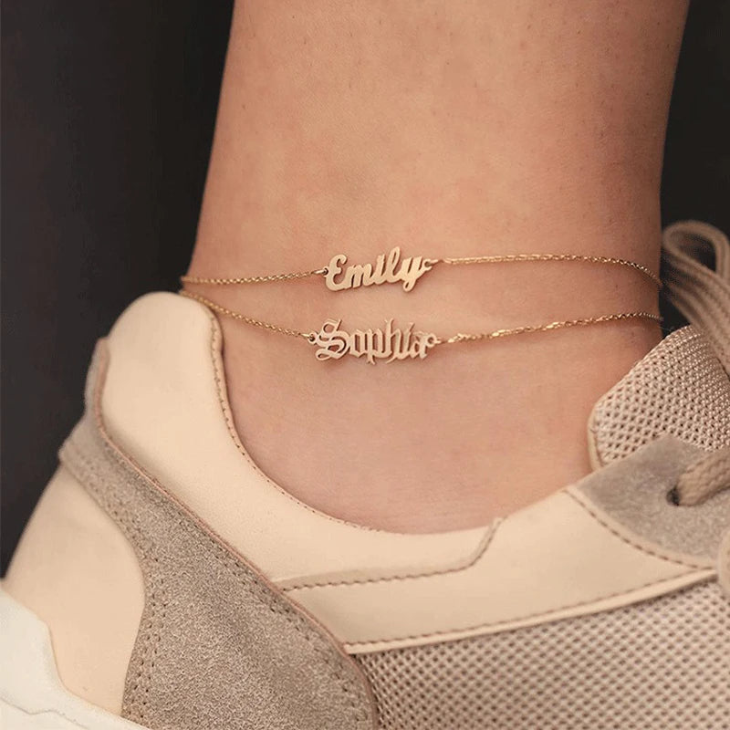 Personalized Old English Letter Name Plated Anklets
