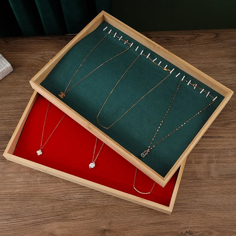 Bamboo Necklace Display Tray Velvet Necklace Organizer
