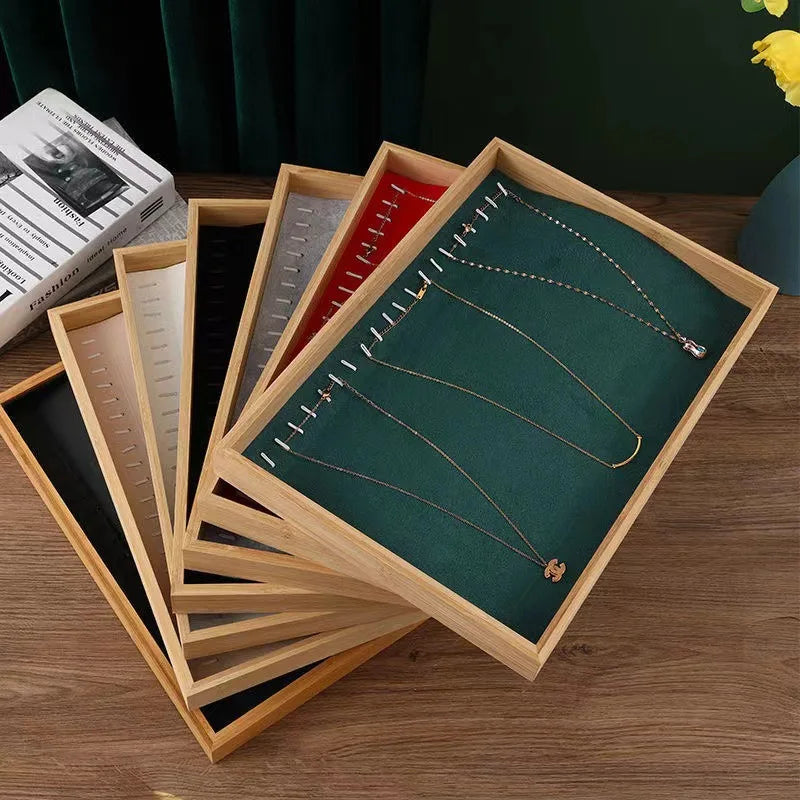 Bamboo Necklace Display Tray Velvet Necklace Organizer