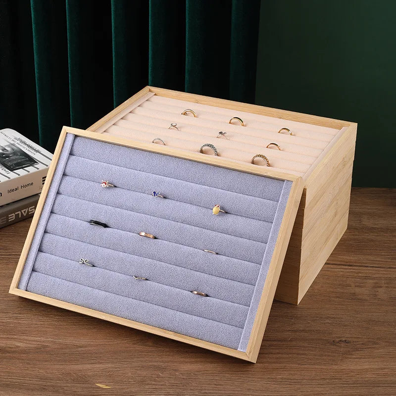 Bamboo Ring Display Tray Velvet Organizer Stackable Jewellery Storage