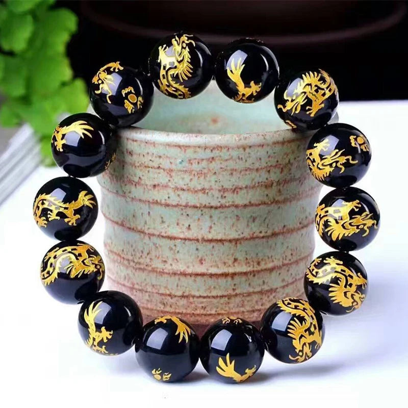 Dragon Carving Round Buddha Bead Bracelet 14mm Crystal Lucky Jewelry