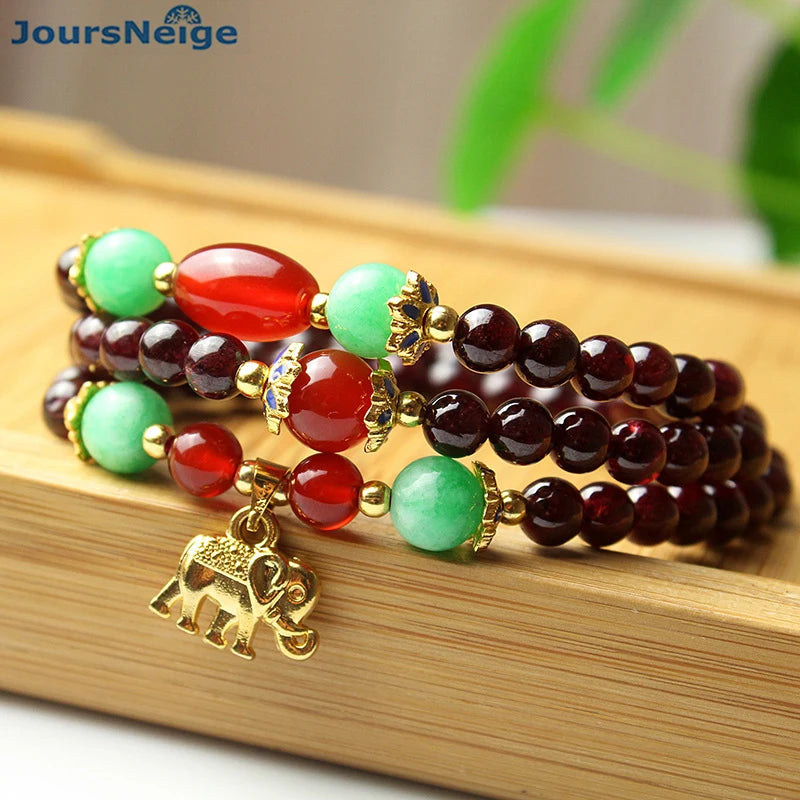Garnet Bracelet Wine Red Bead & Elephant Pendant Lucky Bracelet for Women