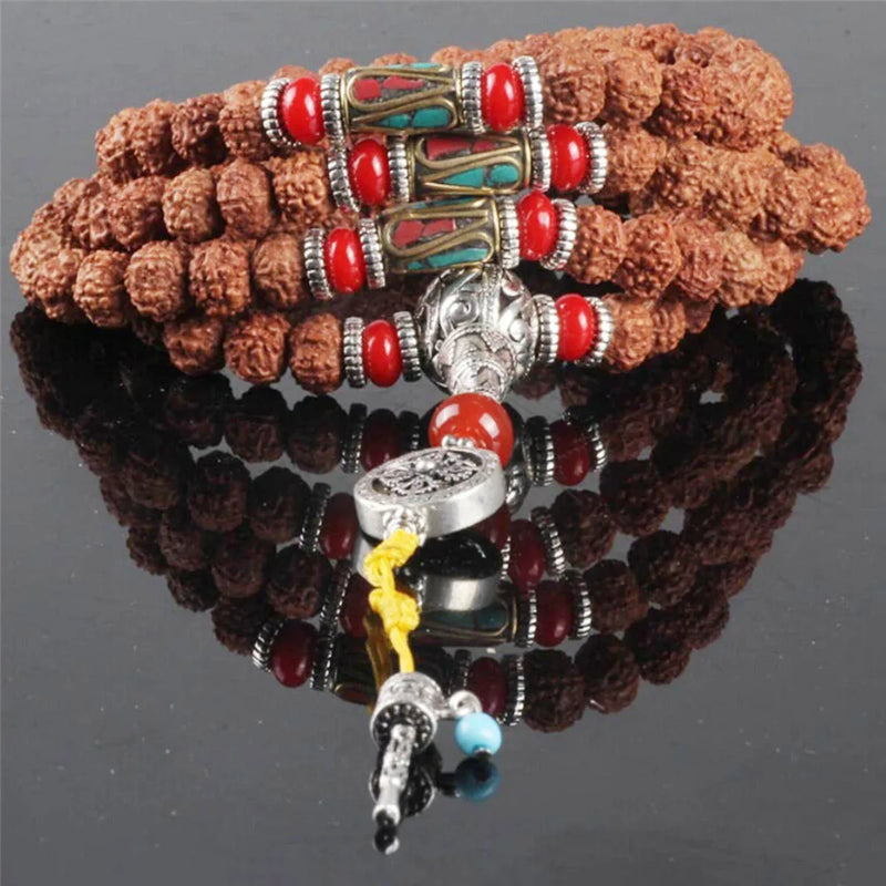 Tibetan Five-petal Rudraksha 108 Beads Prayer Bracelet with Tibetan Silver