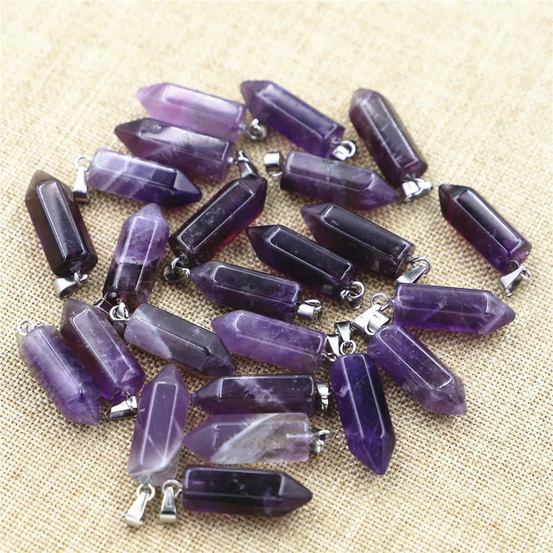 Hexagon Column Quartz Crystal Pendant Purple Agates Charm Necklace