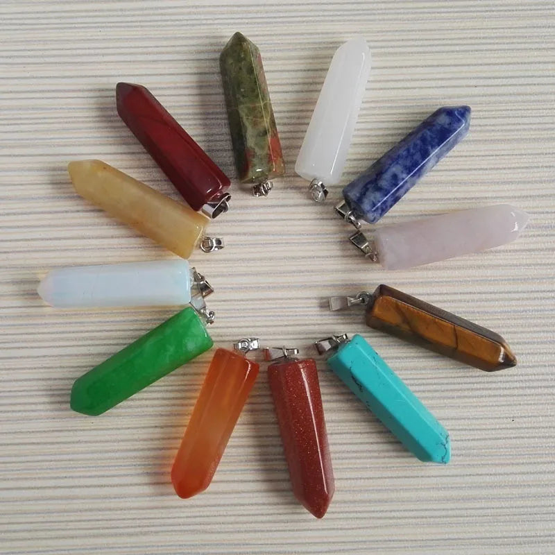 Crystal Pillar Pendants Mixed Stone Point Charms Necklace 12pcs