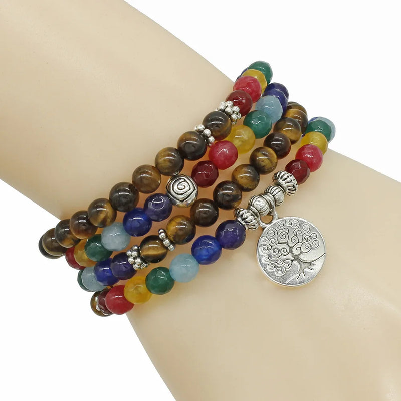 Tiger's Eye Stone 7 Chakra Bracelet, Tree of Life Pendant Jewelry