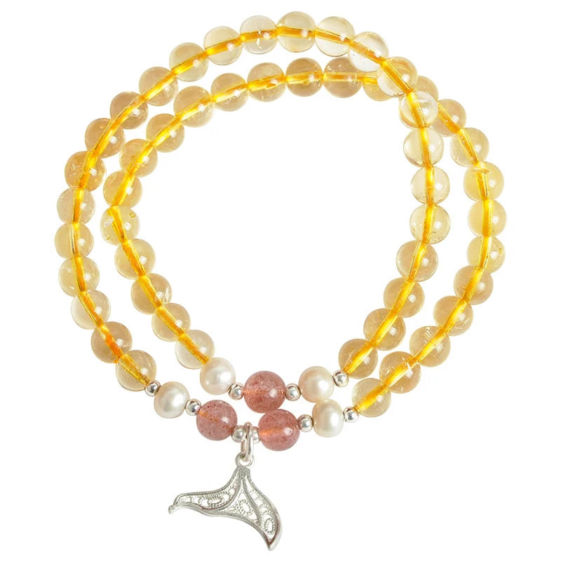 Natural Yellow Crystal Bracelet 6mm Round Beads Citrine Two Layers Jewelry