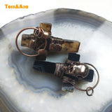 Agate and Copper Skull Wire Wrapped Pendant Necklace