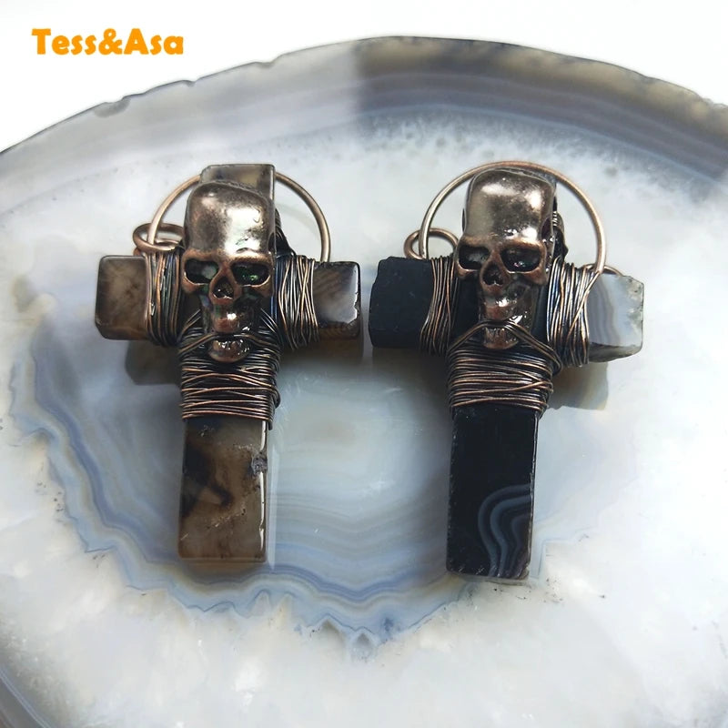 Agate and Copper Skull Wire Wrapped Pendant Necklace