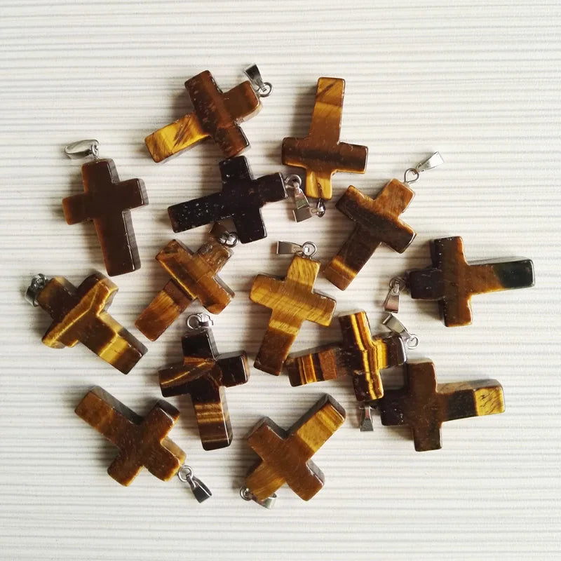 Tiger Eye Stone Charm Cross Pendants for Jewelry Making