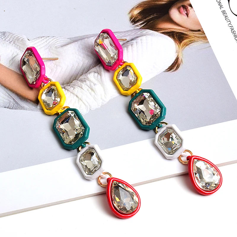 Colorful Crystals Long Drop Earrings Fine Jewelry for Women