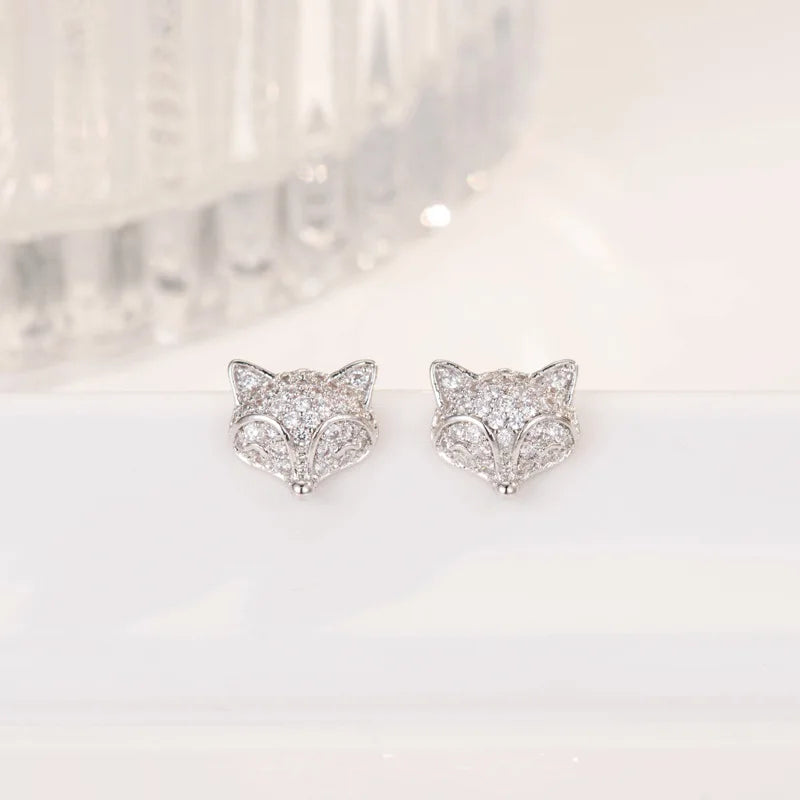 Zircon Fox Stud Earrings 925 Sterling Silver Wedding Jewelry