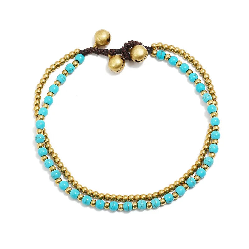 Nature Stone Copper Bead Bells Anklet Bohemian Style Foot Chain