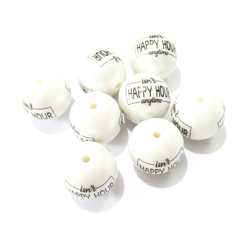 100pcs 20mm Matte Pearl Print HAPPY HOUR Beads Chunky Necklace