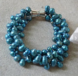 Teal Freshwater Pearl Bracelet 3 Rows 7.5inches Wedding Jewelry