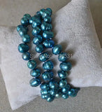 Teal Freshwater Pearl Bracelet 3 Rows 7.5inches Wedding Jewelry