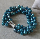 Teal Freshwater Pearl Bracelet 3 Rows 7.5inches Wedding Jewelry