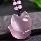 Fox Sweater Chain Necklace with Pink Cat's Eye Stone Pendant