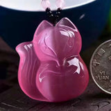 Fox Sweater Chain Necklace with Pink Cat's Eye Stone Pendant