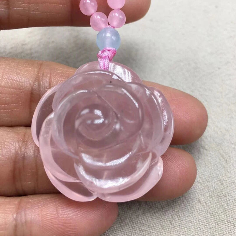 Pink Chalcedony Peony Flower Necklace Sweater Chain Crystal Jewelry