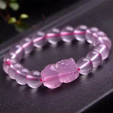 Pink Crystal Bracelet with Pixiu Pendant - Handmade Lucky Beauty Jewelry