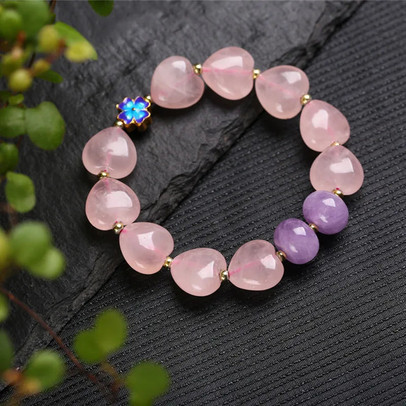 Pink Natural Crystal Heart Beads Flower Bracelet Lucky Women Gift