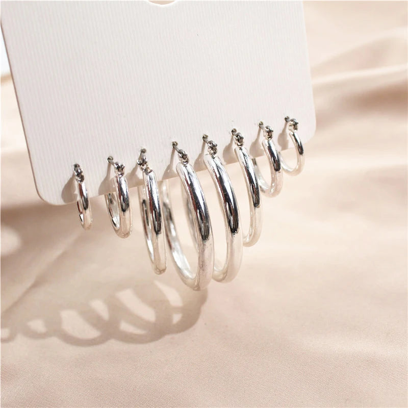 Smooth Silver Mixed Circle Hoop Earrings Set for Women Daily Party