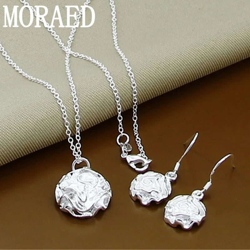 925 Silver Charm Flower Necklace Earrings Set For Woman Gift