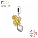 925 Silver Sunflower In Vase Bottle Beads Women Jewelry Wholesale