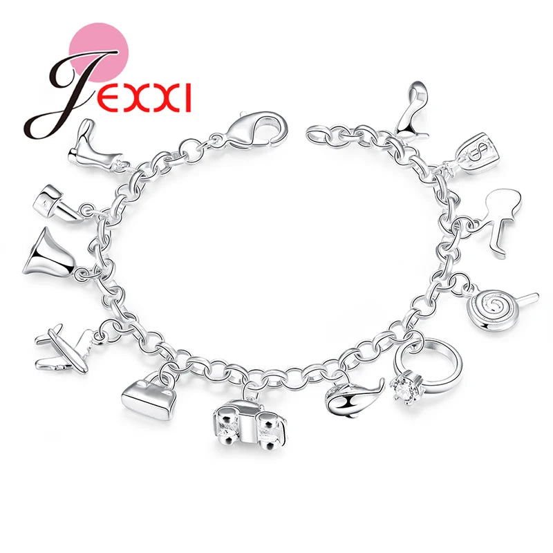 925 Silver Bag Shoes Charms Bracelet for Women Girls