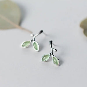 925 Silver Green Stone Leaf Stud Earrings C-E5529