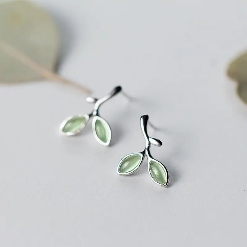 925 Silver Green Stone Leaf Stud Earrings C-E5529