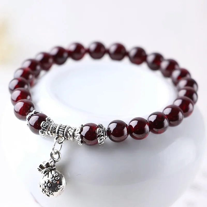 Red Wine Garnet Stone Bracelet with Money Bag Pendant