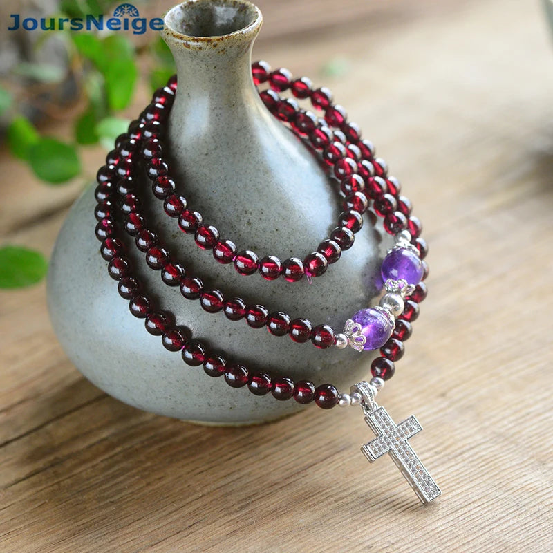 Red Wine Garnet Stone Bracelet with Cross Pendant for Women