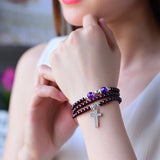 Red Wine Garnet Stone Bracelet with Cross Pendant for Women