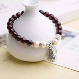 Red Wine Garnet Stone Bracelet with Tibetan Silver Leaf Pendant