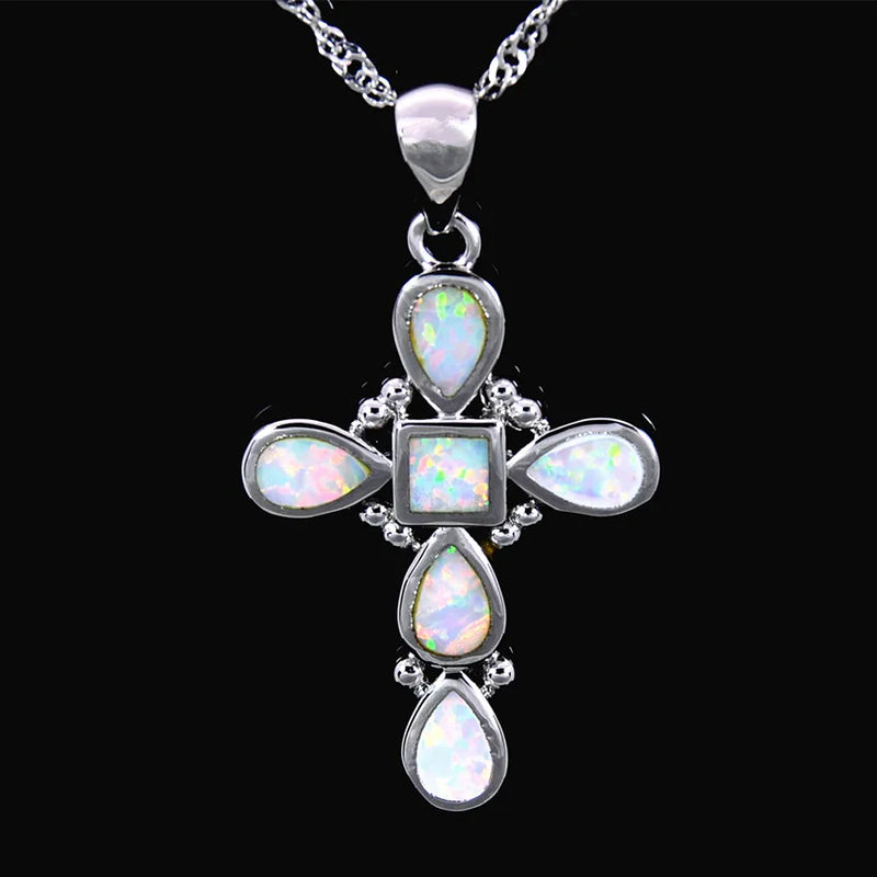 Fire Opal Stone Cross Pendant in Sterling Silver