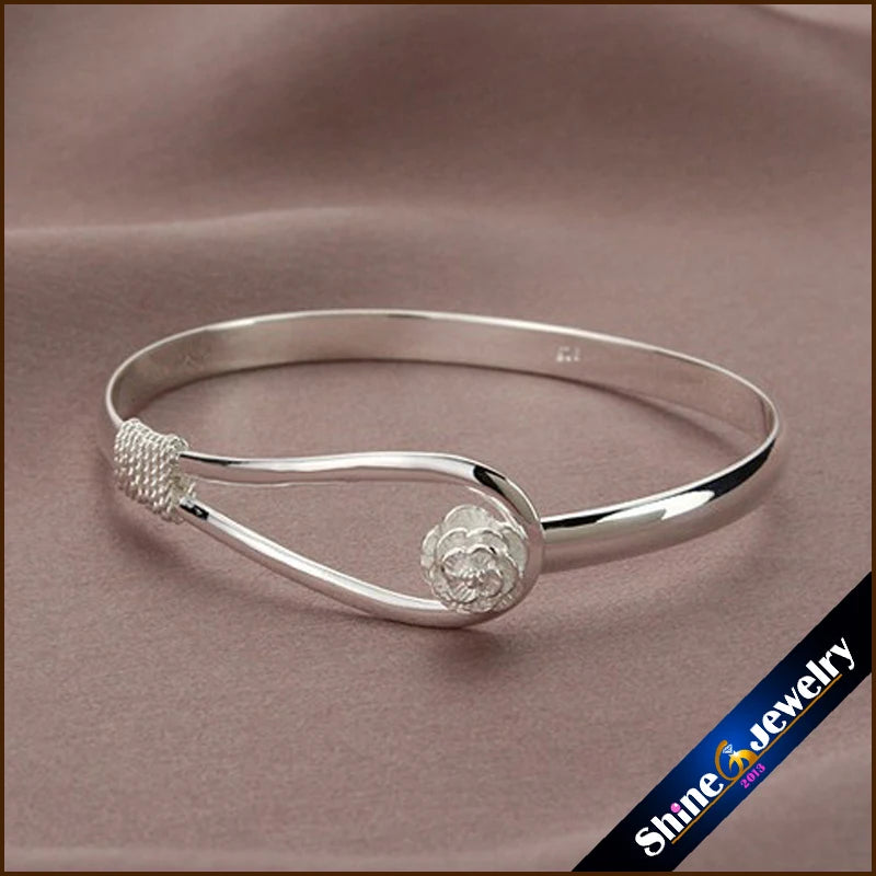 Retro Flower Rose Cuff Bangle Bracelet -Silver Plated