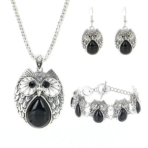 Retro Turquoise Owl Pendant Earring Bracelet Necklace Set