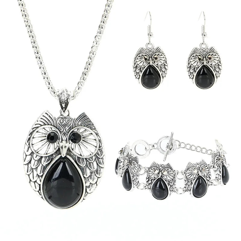 Retro Turquoise Owl Pendant Earring Bracelet Necklace Set