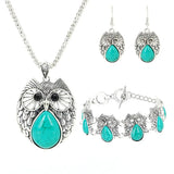 Retro Turquoise Owl Pendant Earring Bracelet Necklace Set