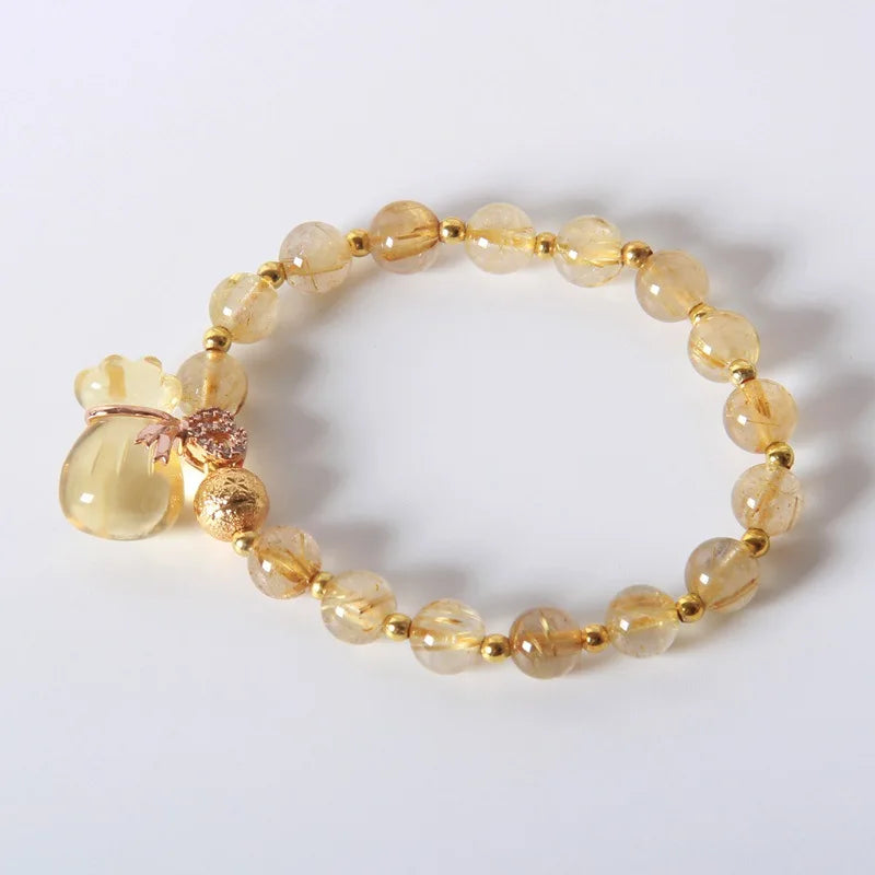 Rutilated Quartz Stone Bracelet with Money Bag Pendant, Lucky Crystal Jewelry