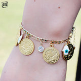 18k Real Plated Evil Eye Bracelet Money Coin Pendant Women Jewelry
