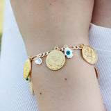 18k Real Plated Evil Eye Bracelet Money Coin Pendant Women Jewelry
