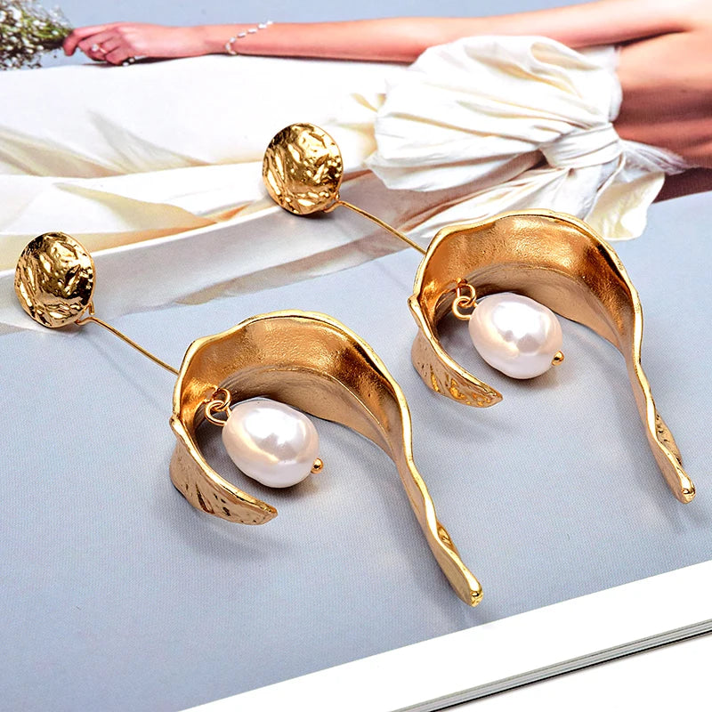 Simulated Pearl Metal Drop Earrings High-Quality Jewelry for Women