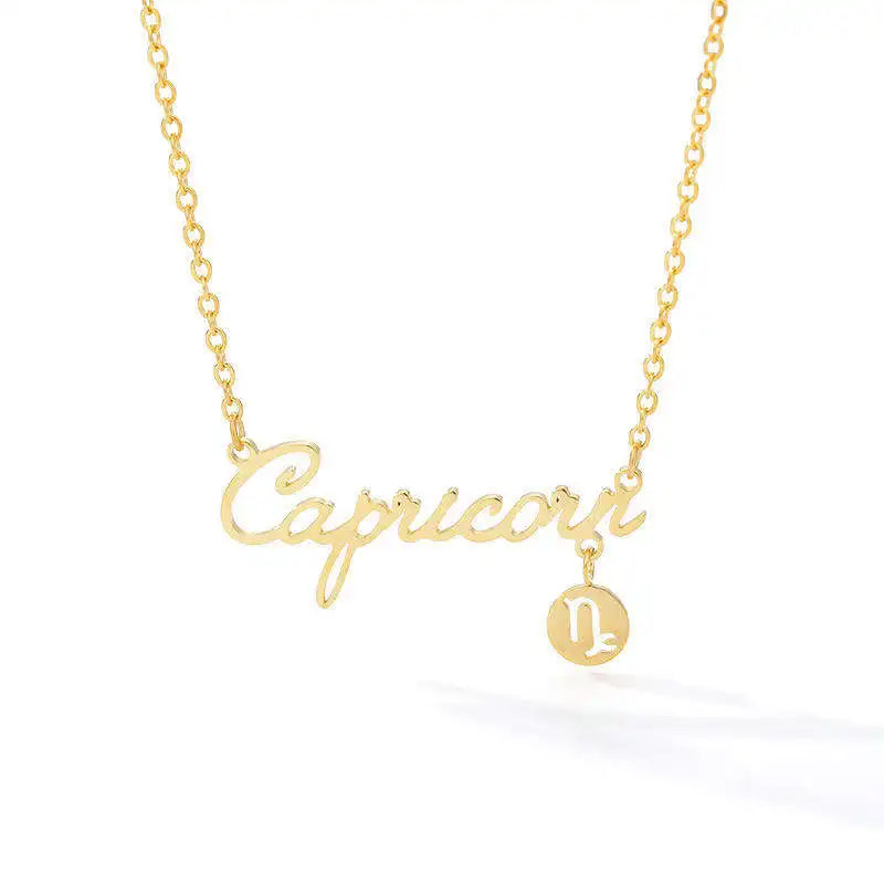 Zodiac Name Charm Necklace Stainless Steel Silver Plated