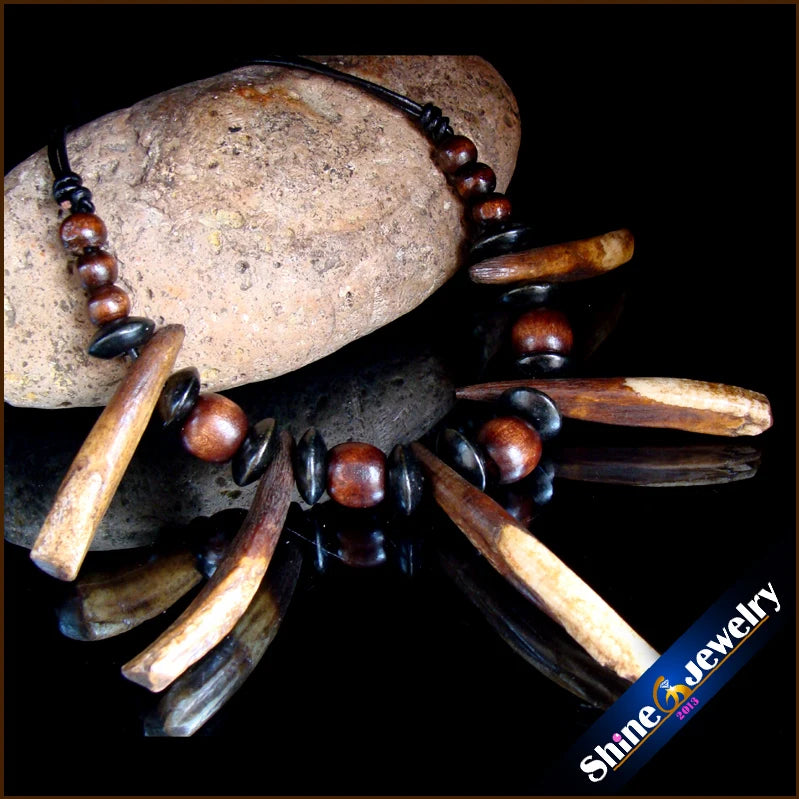 Tibetan Tribal Wood Beads Leather Necklace