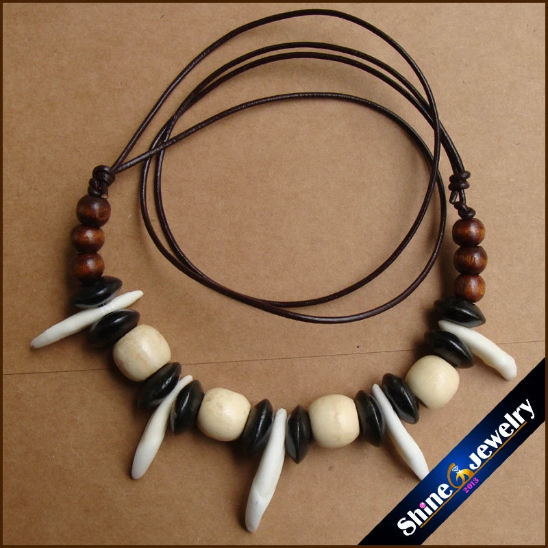Tibetan Wolf Teeth Wood Bead Leather Necklace -G103