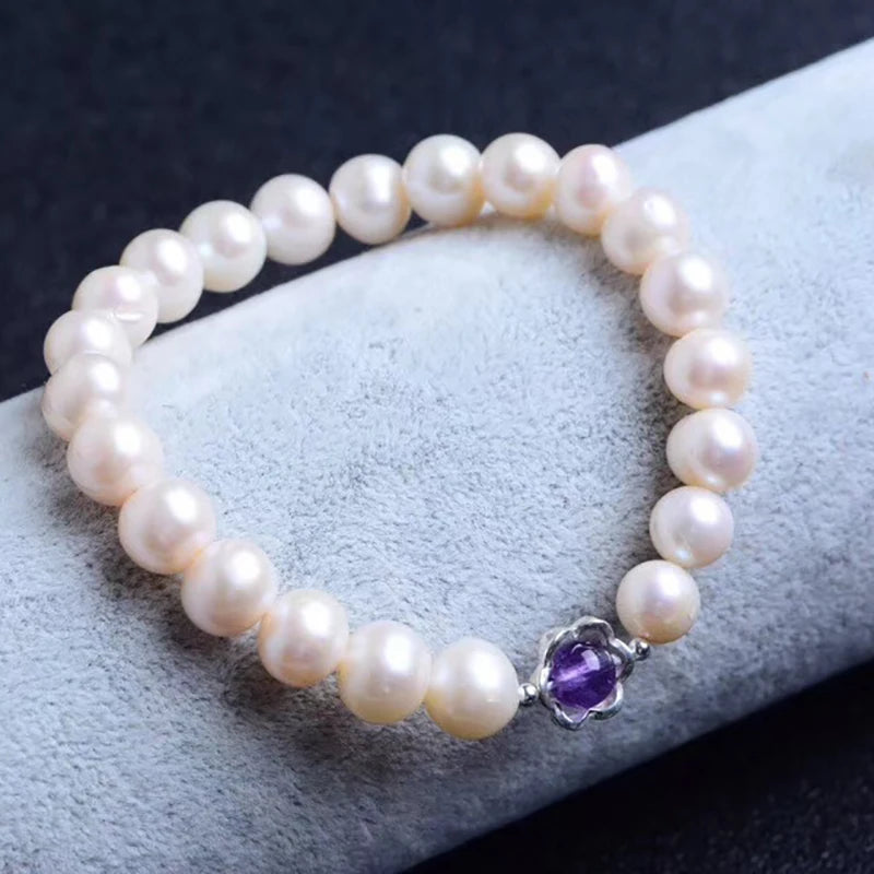 Natural Pearl Bracelet with Purple Crystal Beads for Women